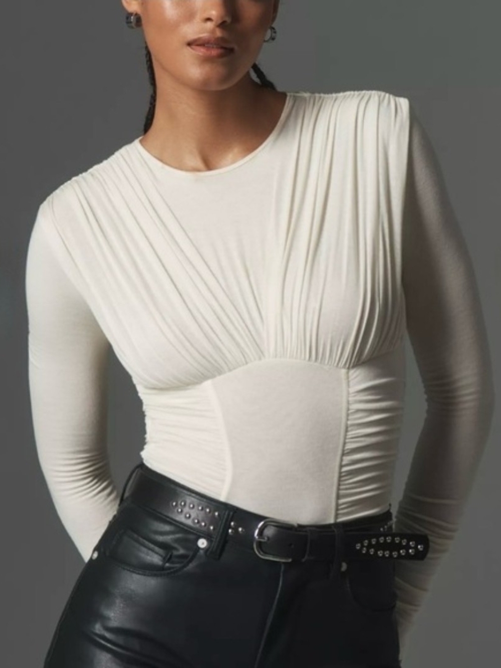 AGOLDE Abbi Cream Long-Sleeve Ruched Bodysuit